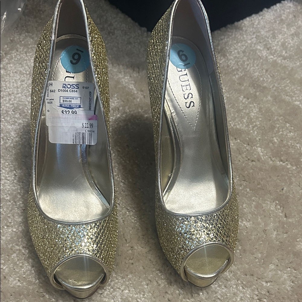 GUESS Sparkling Gold Peep Toe Heels